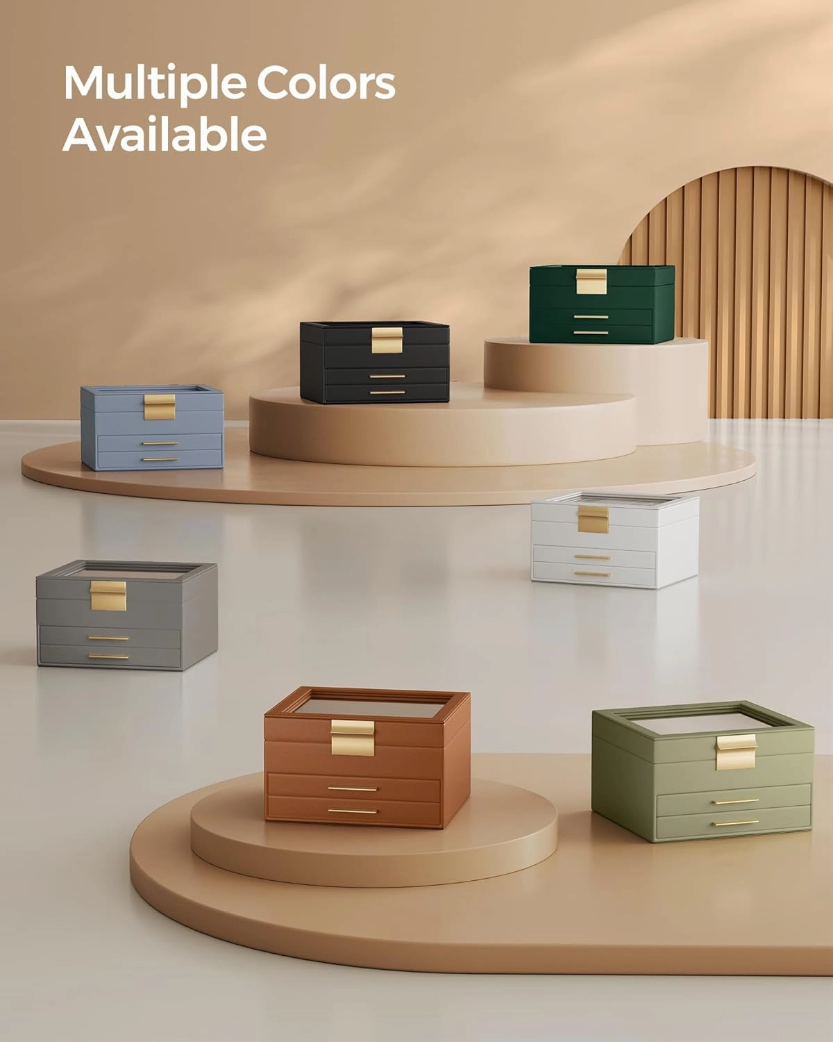 SONGMICS Jewelry Box Organizer with Glass Lid, 3-Layer Jewelry Storage, with 2 Drawers, Modern Style, 8 x 9.1 x 5.3 Inches, Interstellar Gray and Gold Color UJBC239G02