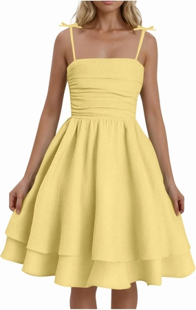 Spaghetti Strap Dresses for Women Double Layered Dress Elegant Sleeveless Hem Ruffled Dress Summer Adjustable Dresses