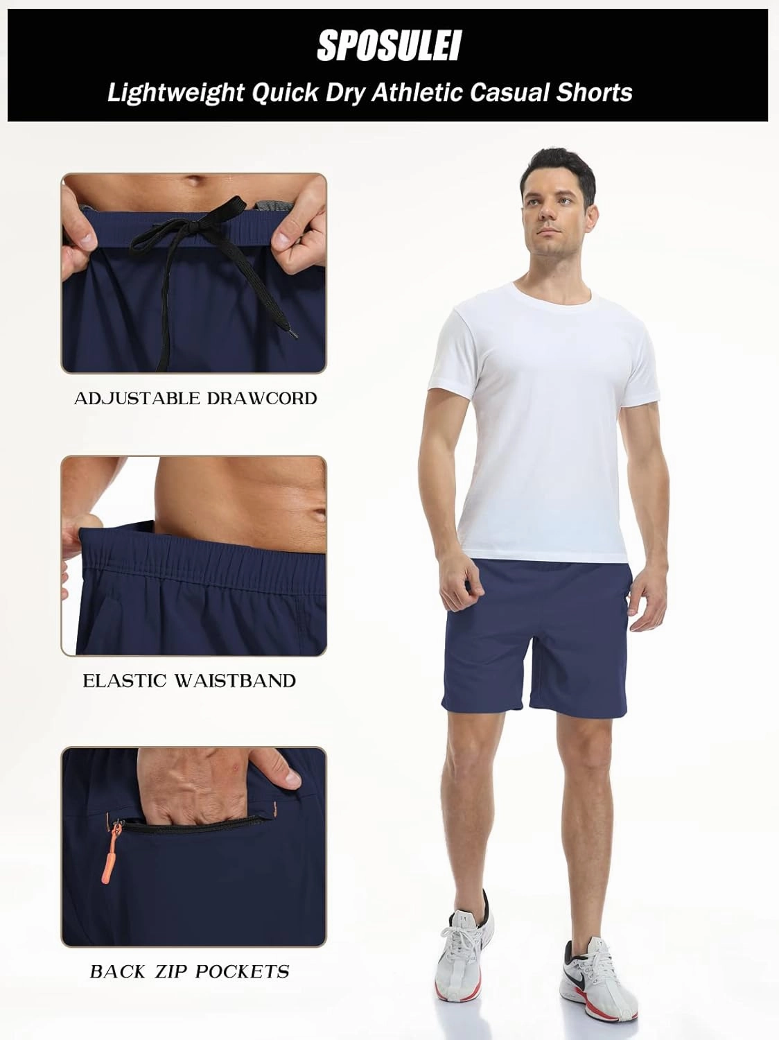 SPOSULEI Men's Athletic Hiking Shorts Water Resistant Quick-Dry Lightweight Outdoor Sweat Shorts with Zipper Pockets