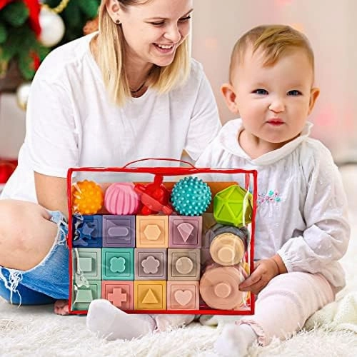 Springflower 3 in 1 Montessori Toys for Babies 0-3-6-12 Months, Soft Baby Teething Toys and Stacking Building Blocks for Sensory Developmental Education of Toddlers 12-18 Months, 23 PCS