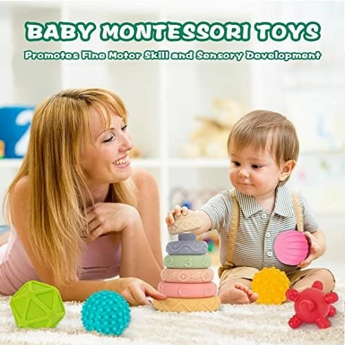 Springflower 3 in 1 Montessori Toys for Babies 0-3-6-12 Months, Soft Baby Teething Toys and Stacking Building Blocks for Sensory Developmental Education of Toddlers 12-18 Months, 23 PCS