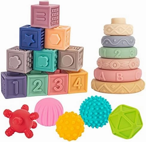 Springflower 3 in 1 Montessori Toys for Babies 0-3-6-12 Months, Soft Baby Teething Toys and Stacking Building Blocks for Sensory Developmental Education of Toddlers 12-18 Months, 23 PCS