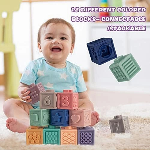 Springflower 3 in 1 Montessori Toys for Babies 0-3-6-12 Months, Soft Baby Teething Toys and Stacking Building Blocks for Sensory Developmental Education of Toddlers 12-18 Months, 23 PCS
