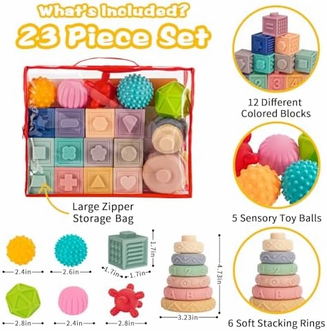 Springflower 3 in 1 Montessori Toys for Babies 0-3-6-12 Months, Soft Baby Teething Toys and Stacking Building Blocks for Sensory Developmental Education of Toddlers 12-18 Months, 23 PCS