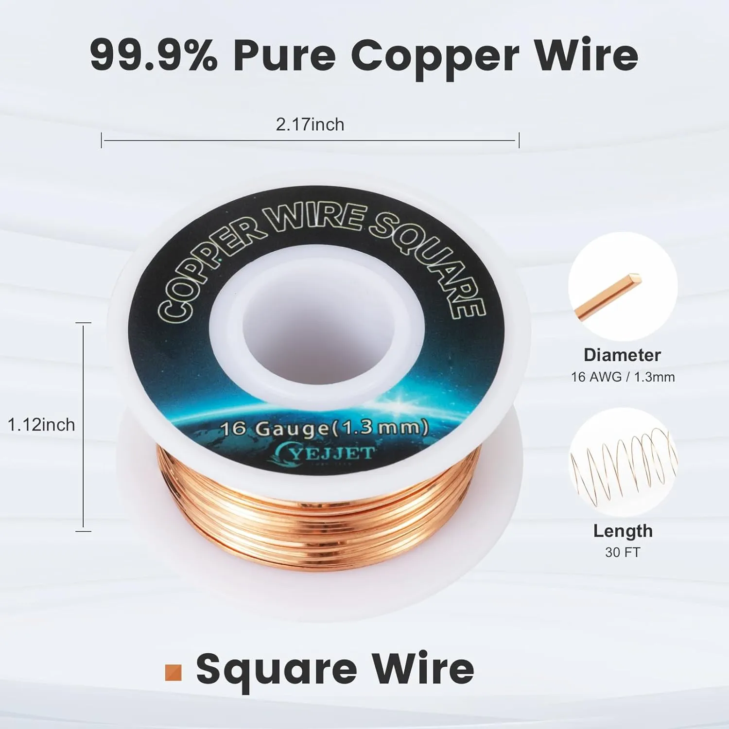Square Copper Wire - 16 Gauge, 99.9% Pure Soft Copper, 30 Ft