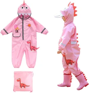 SSAWcasa Toddler Rain Suit, Kids Muddy Play Buddies Dinosaur One Piece Rain Jacket Coat Poncho Gear Coverall Hood Girl Boy