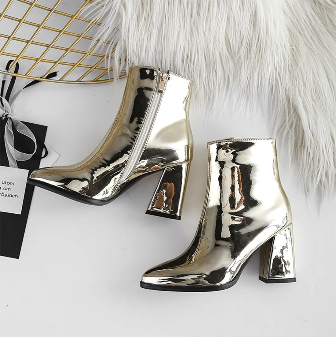 Starella Women's Ankle Boots Metallic Chunky Heel Shiny Go-go Party Dress Bootie