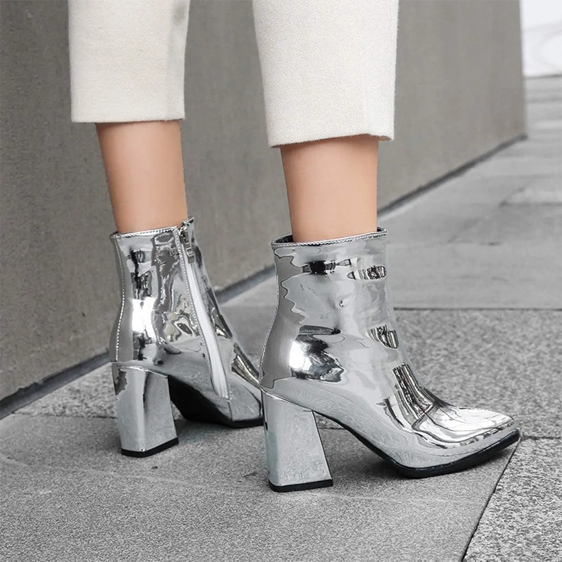 Starella Women's Ankle Boots Metallic Chunky Heel Shiny Go-go Party Dress Bootie