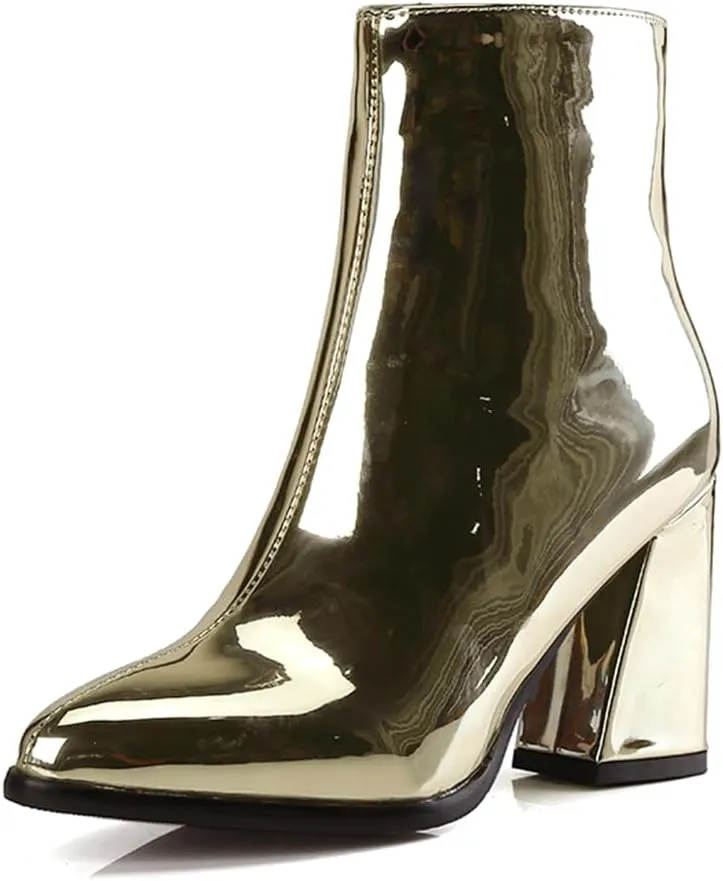 Starella Women's Ankle Boots Metallic Chunky Heel Shiny Go-go Party Dress Bootie