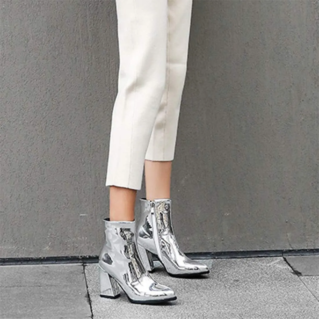 Starella Women's Ankle Boots Metallic Chunky Heel Shiny Go-go Party Dress Bootie