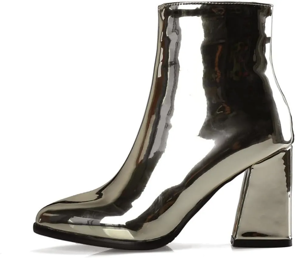 Starella Women's Ankle Boots Metallic Chunky Heel Shiny Go-go Party Dress Bootie