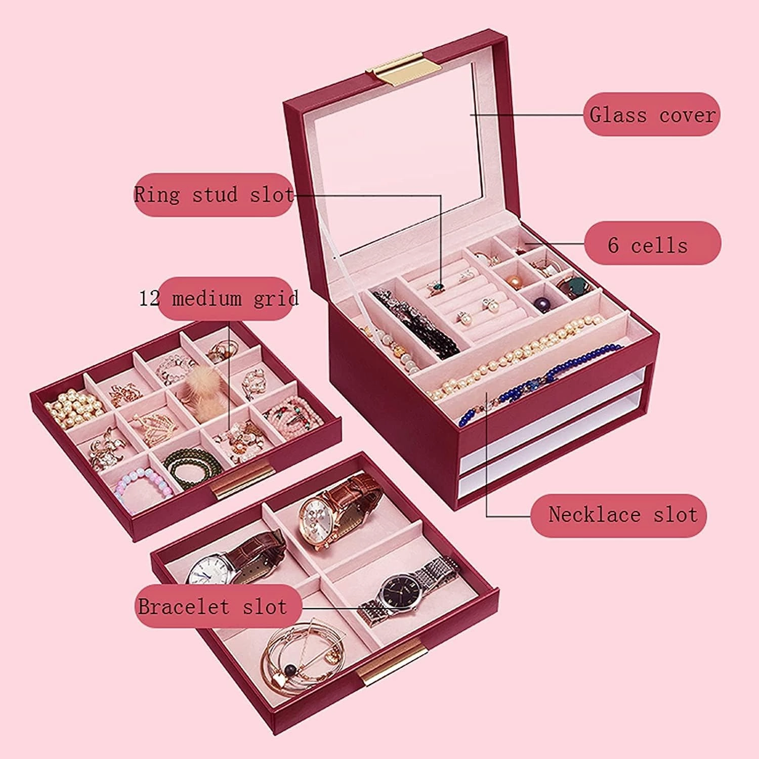Storage Box Watch Large Jewelry Organizer with Mirror for Women – PU Leather Case(2)