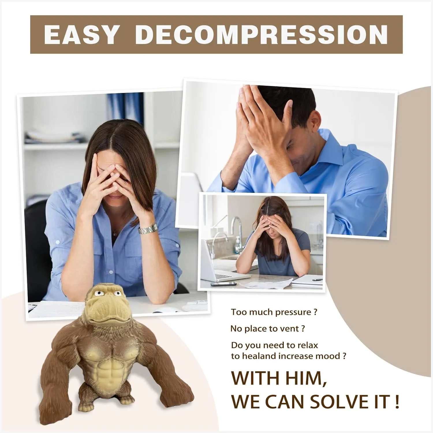 Stretchy Squishy Monkey Squeeze Toy Funny Gorilla Squishy Toy for Kids and Adults Stress Relief and Sensory Decompression Toy,Brown