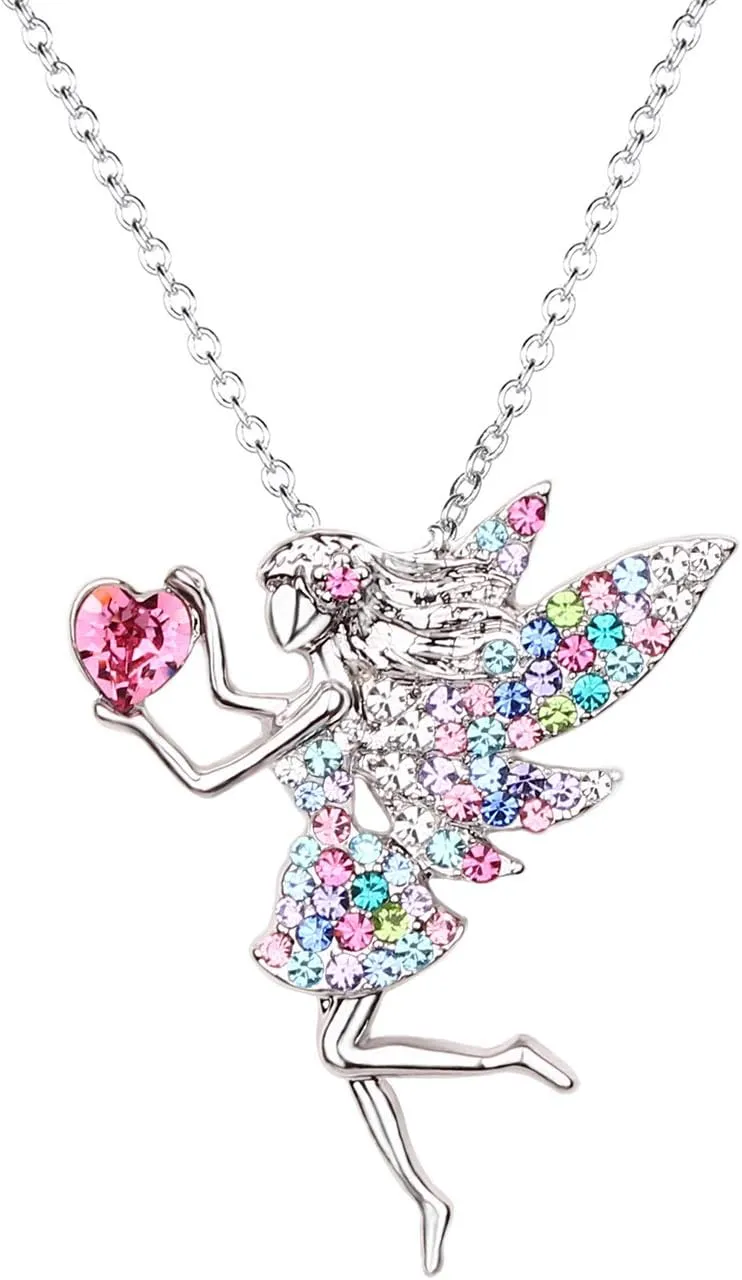 SUMFAN Fairy Necklace for Teen Girls,Birthstone Pendant Gift for Girls White Gold Plated Austrian Crystal Jewelry Gift