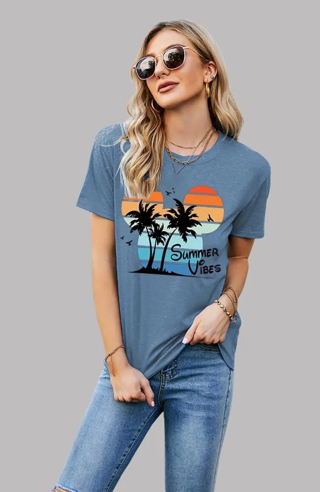 Summer Vibes Tshirt Womens Funny Cute Graphic Tees Hawaiian Beach Vacation Palm Tree Letter Print Tops