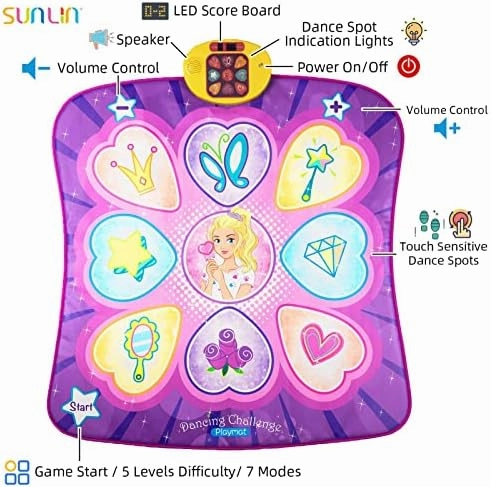 SUNLIN Dance Mat Toys for Girls Ages 3-10 | Dance Pad with LED Lights, Adjustable Volume, 9 Built-in Music, 7 Game Modes, 5 Challenge Levels | Christmas Birthday Gifts for 3 4 5 6 7 8  Years Old Girl