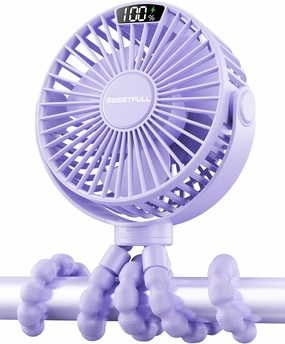SWEETFULL Portable Stroller Fan with Display 4000mAh Battery Powered Mini Clip On Fan, 4-Speed Rechargeable Small Personal Cooling for Baby Car Seat Crib Travel - Purple
