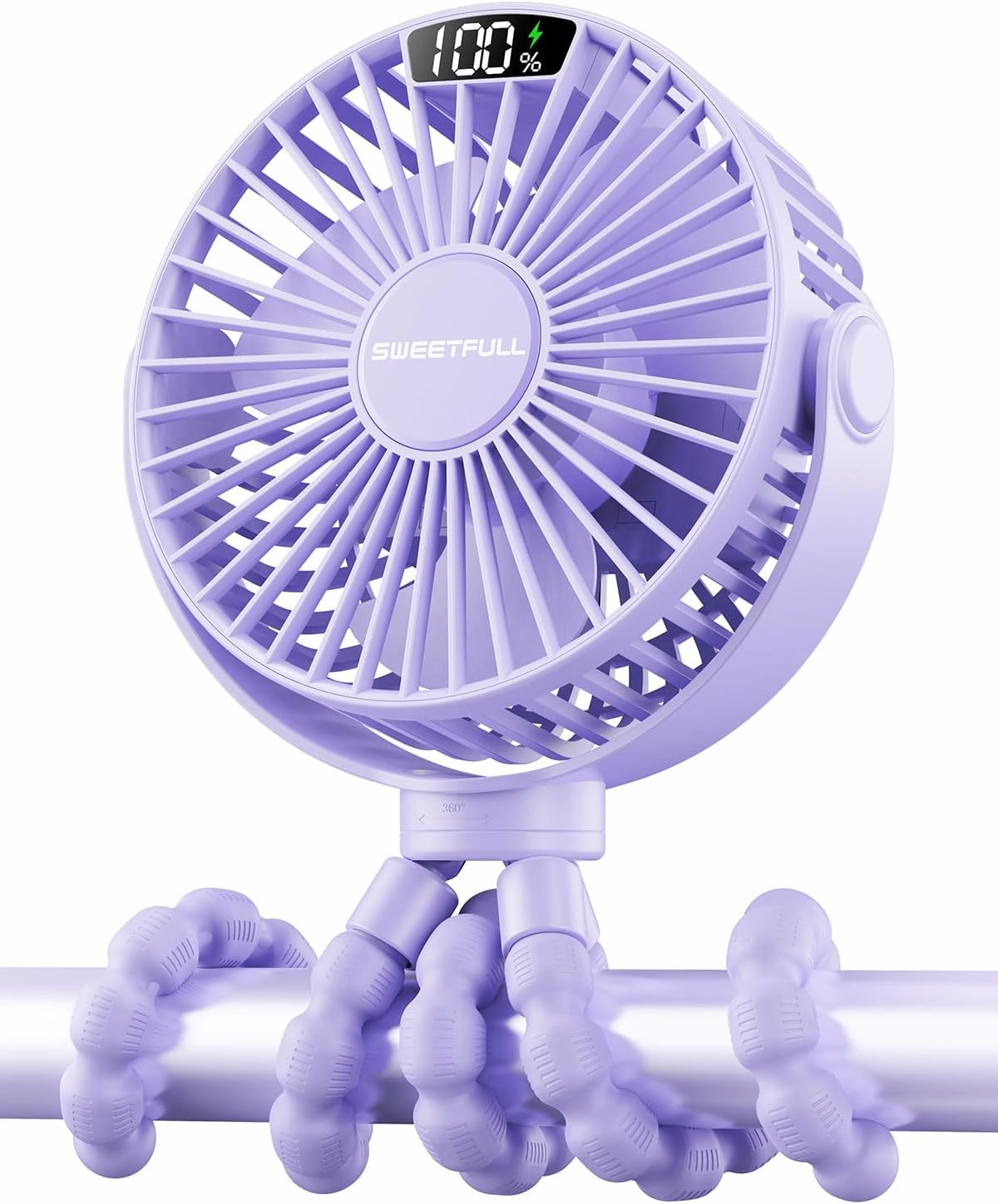 SWEETFULL Portable Stroller Fan with Display 4000mAh Battery Powered Mini Clip On Fan, 4-Speed Rechargeable Small Personal Cooling for Baby Car Seat Crib Travel - Purple