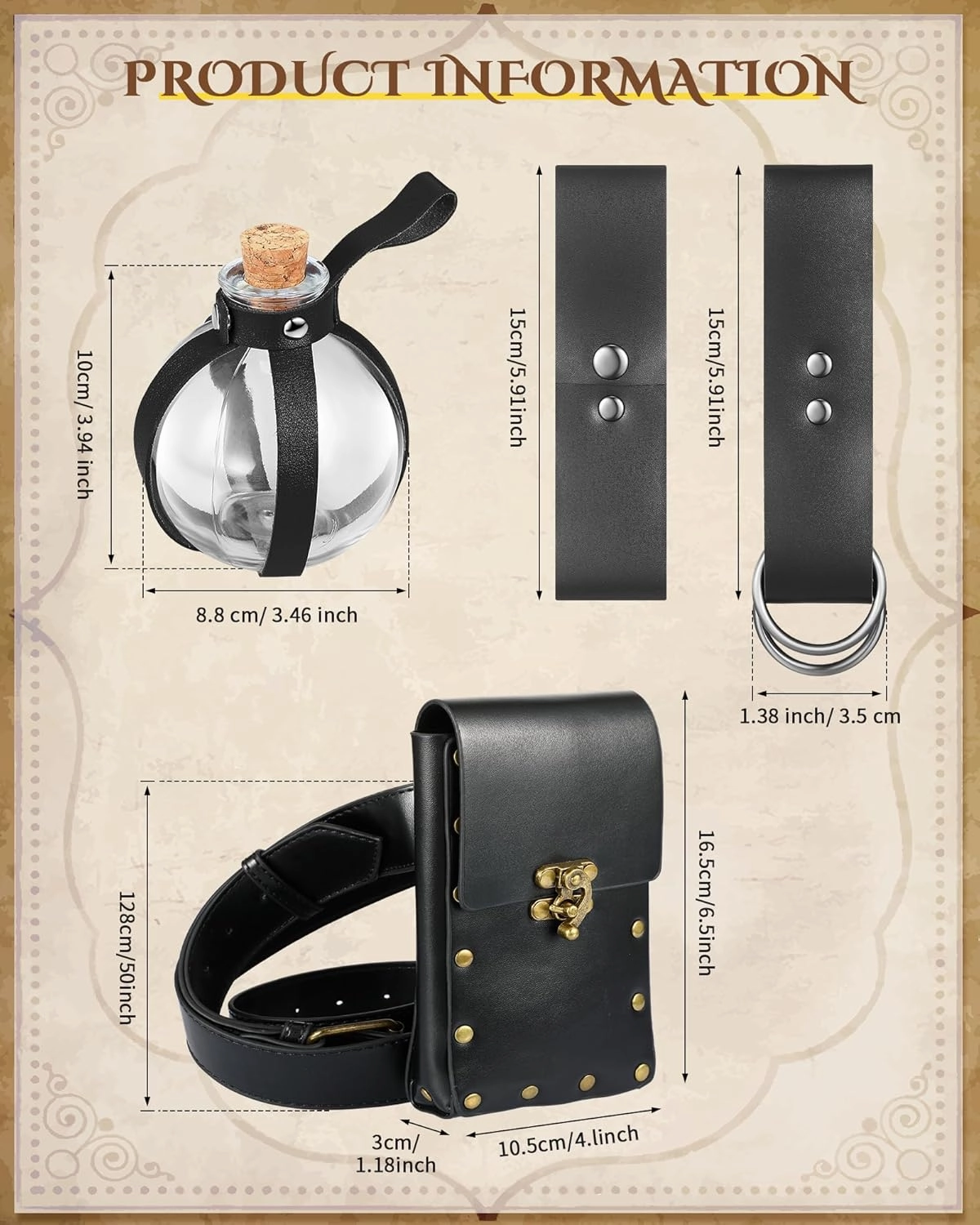 Sweetude 5 Pcs Renaissance Belt Pouch Waist Bag Medieval Skirt Hike Strap Cork Potion Bottle for Halloween Cosplay Party