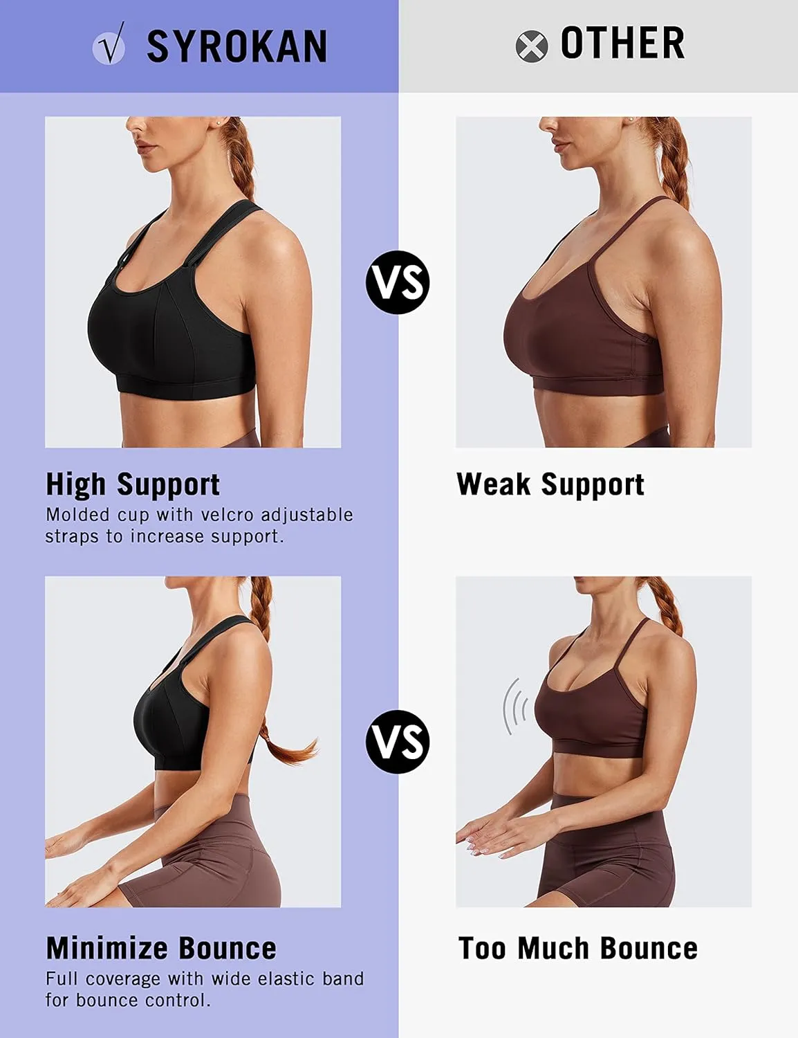 SYROKAN Women's Sports Bra High Impact Front Adjustable Support Lightly Padded Wireless Racerback Workout Running
