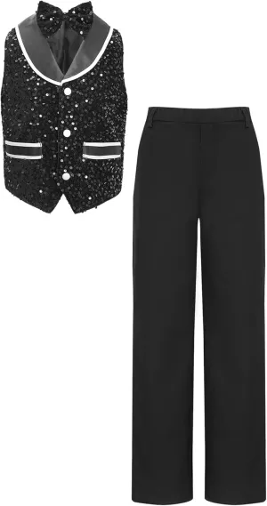 Sywiyi Boys Sequin Bowtie Suit Vest Waistcoat with Pants Set Kids Prom Party Genlteman 2 Piece Dance Outfits