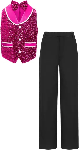 Sywiyi Boys Sequin Bowtie Suit Vest Waistcoat with Pants Set Kids Prom Party Genlteman 2 Piece Dance Outfits