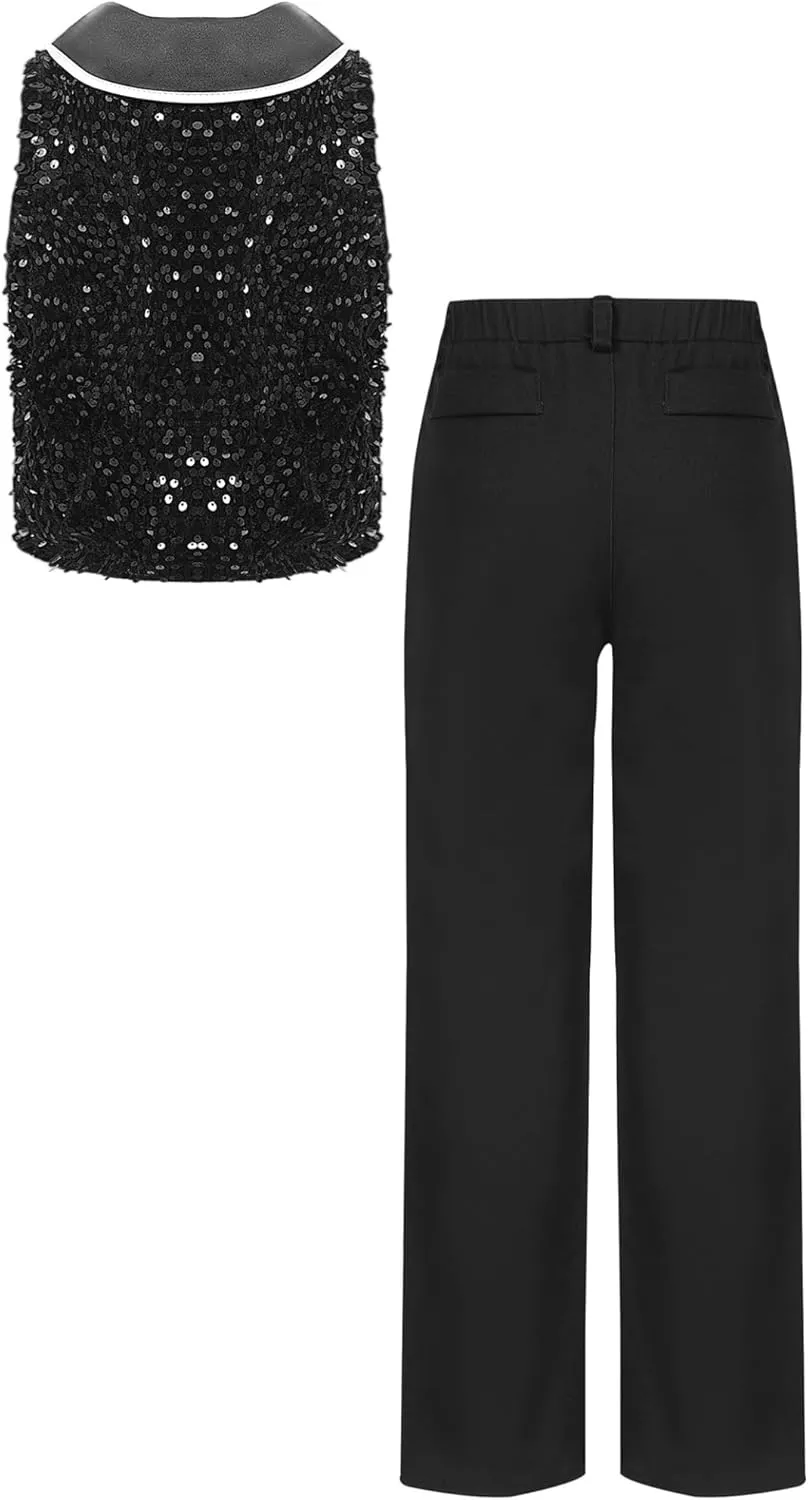 Sywiyi Boys Sequin Bowtie Suit Vest Waistcoat with Pants Set Kids Prom Party Genlteman 2 Piece Dance Outfits