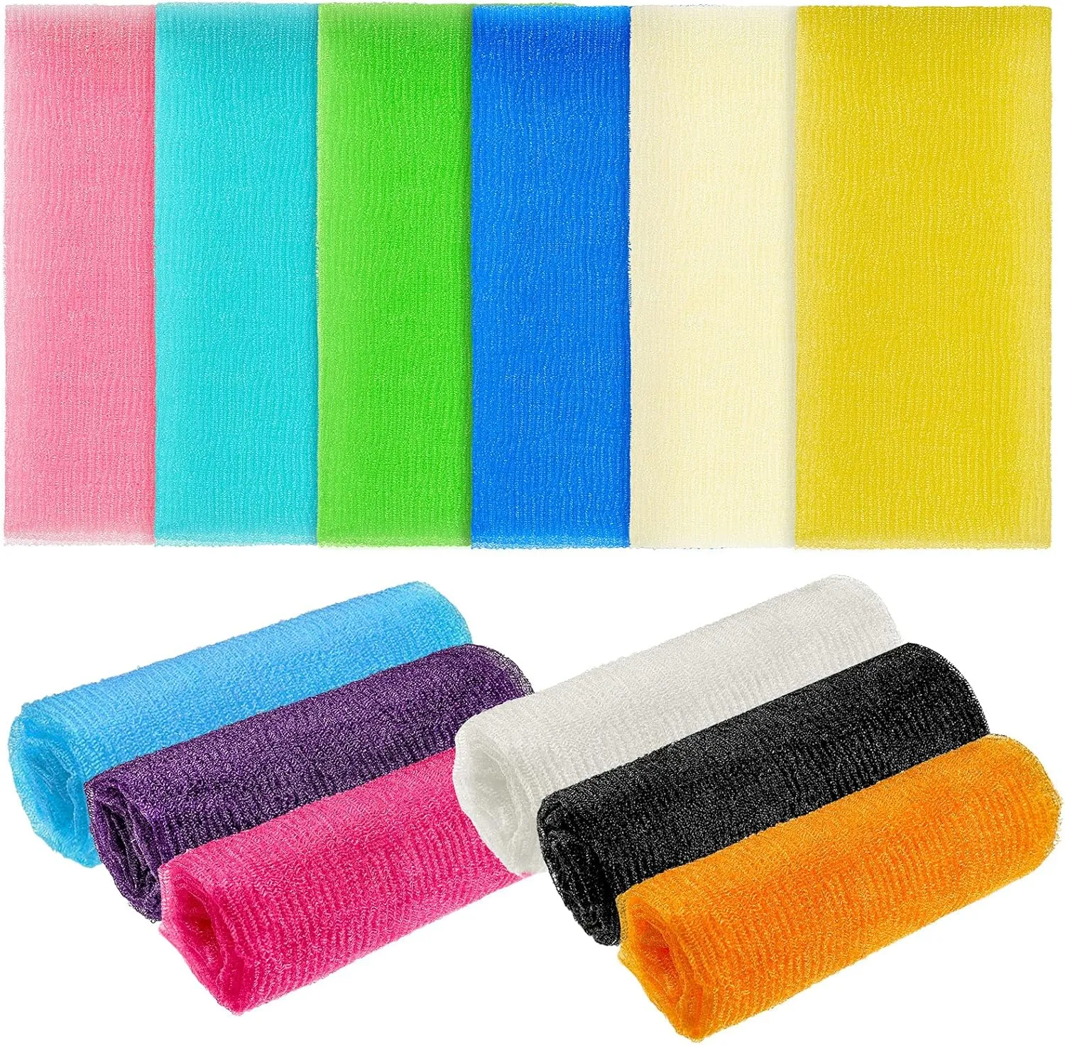 Tatuo 12 Pack 36 Inch Exfoliating Bath Cloth Towel African Net Sponge Extra Long Nylon Korean Bath Towel Japanese Shower Cleaning Sponges for Back Body(12 Color)
