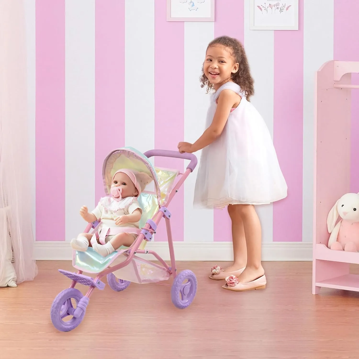 Teamson Kids - Magical Dreamland Baby Doll Jogging Stroller - My Little Girls First Dolls Pram Toy Gift, Iridescent color