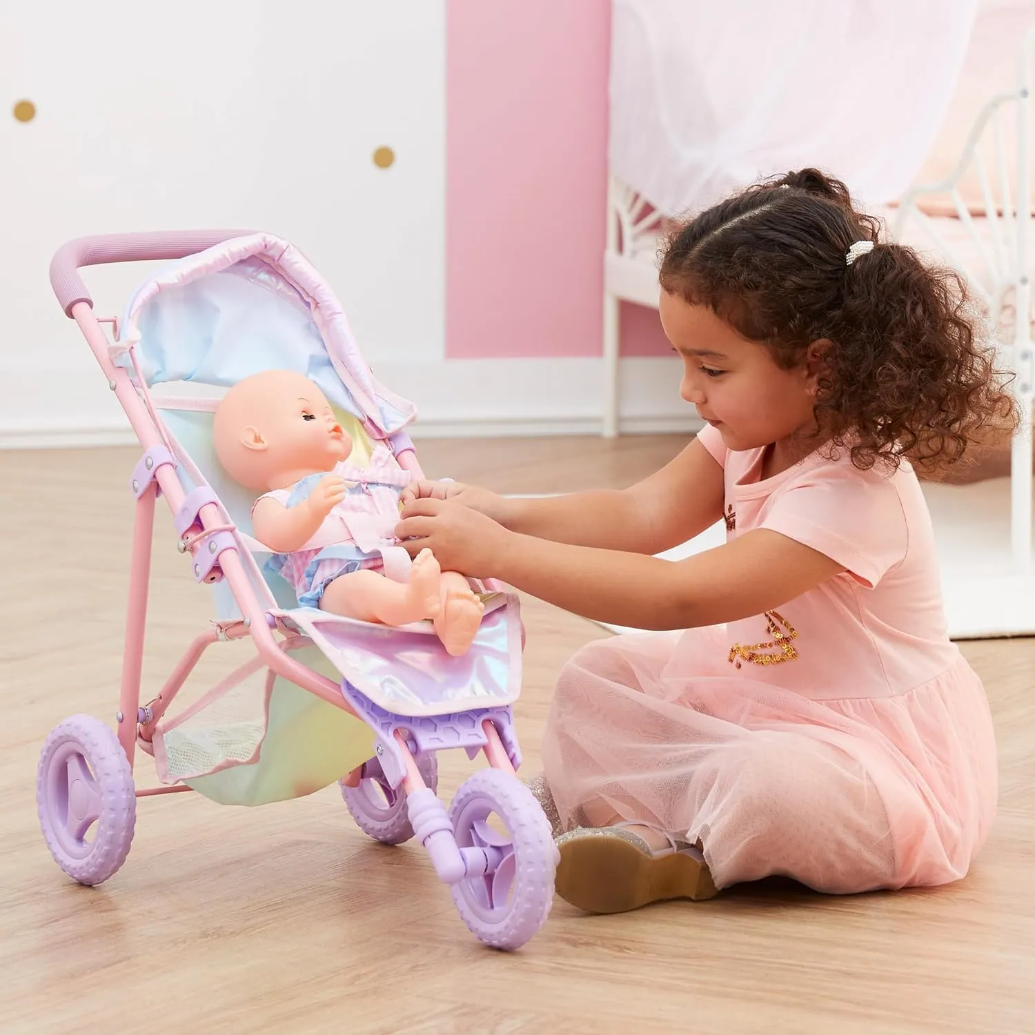 Teamson Kids - Magical Dreamland Baby Doll Jogging Stroller - My Little Girls First Dolls Pram Toy Gift, Iridescent color