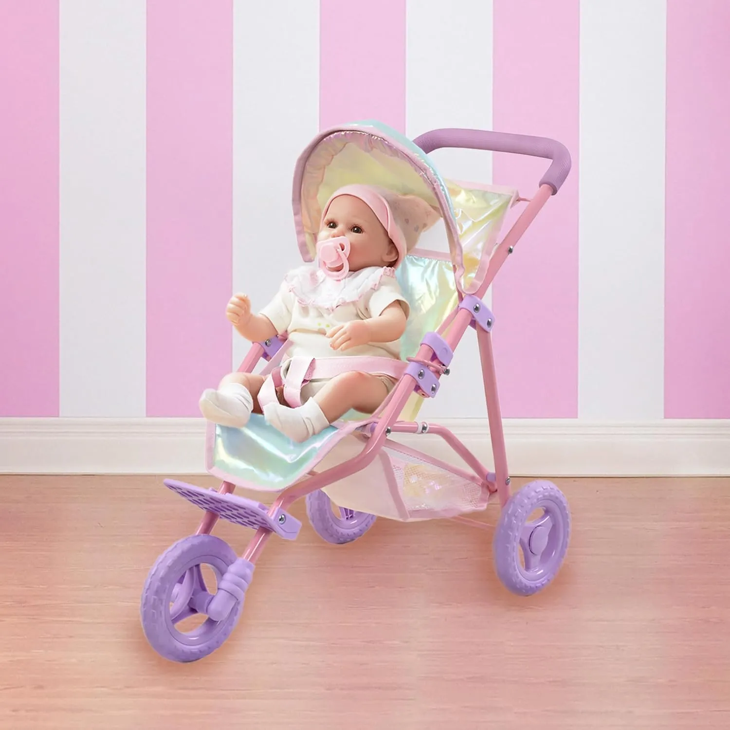 Teamson Kids - Magical Dreamland Baby Doll Jogging Stroller - My Little Girls First Dolls Pram Toy Gift, Iridescent color