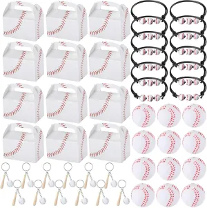 Teling 48 Pcs Baseball Party Favors Include 12 Baseball Treat Boxes 12 Mini Baseball Stress Ball 12 Mini Baseball Keychain with Wooden Bat 12 Baseball Charm Bracelets for School Team Sports Birthday