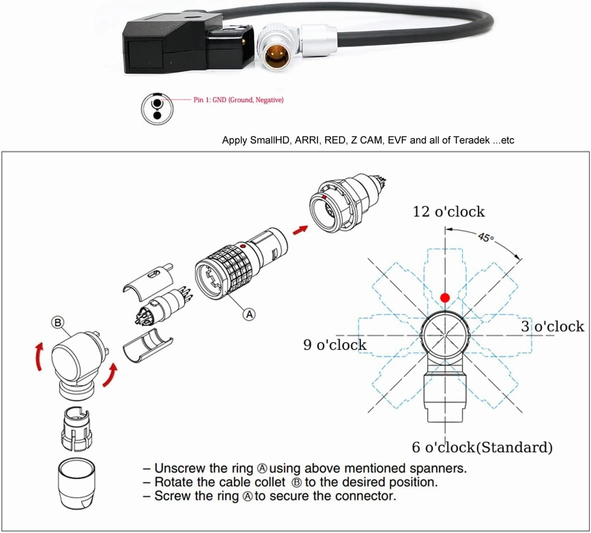 Teradek SmallHD ARRI RED Flexible Power Cable D-tap to Rotatable 0B 2-Pin Male Right Angle, Gold Mount V-Mount Dtap to Teradek Bolt, Z CAM