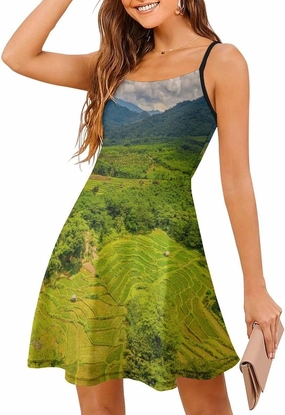 Terraces Purwakarta Indonesia Slip Dress for Women Sleeveless Tank-dress Adjustable Spaghetti Mini Sundress