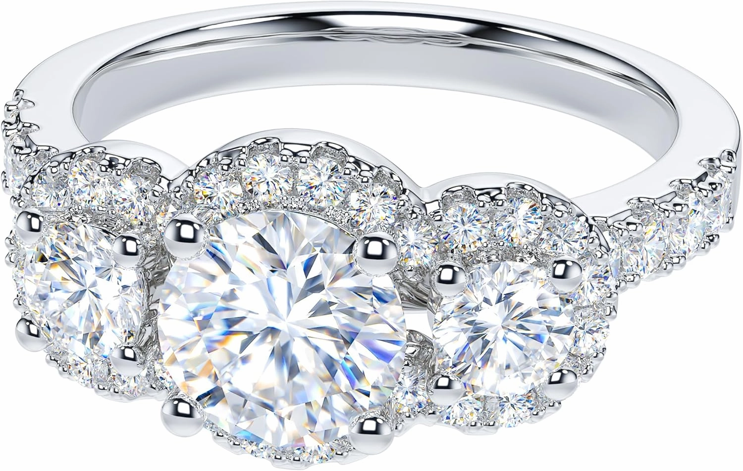 THELANDA Genuine Moissanite or Simulated Diamond Sterling Silver Three Stone Halo Promise Ring 1CT Main Stone Engagement Ring For Her