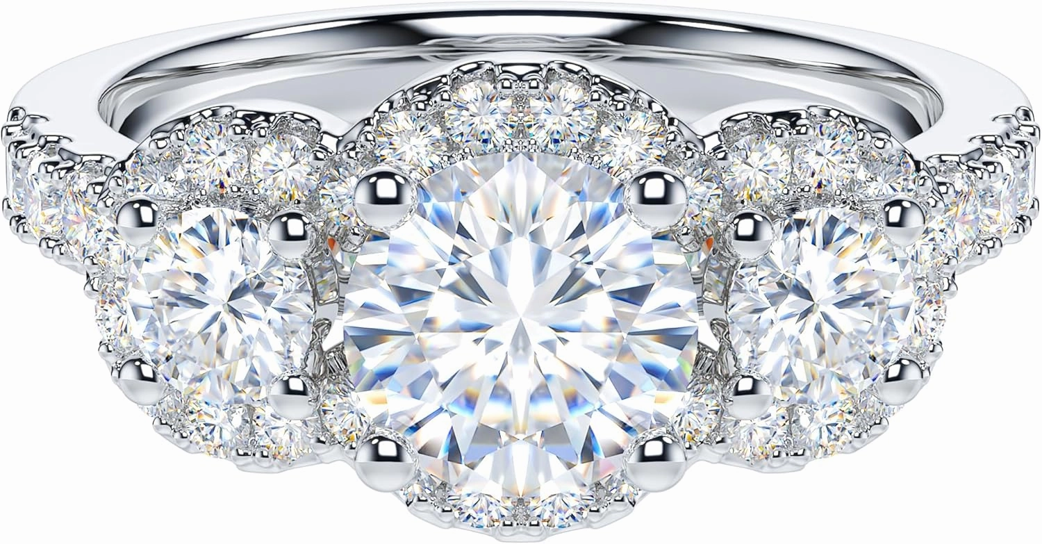 THELANDA Genuine Moissanite or Simulated Diamond Sterling Silver Three Stone Halo Promise Ring 1CT Main Stone Engagement Ring For Her