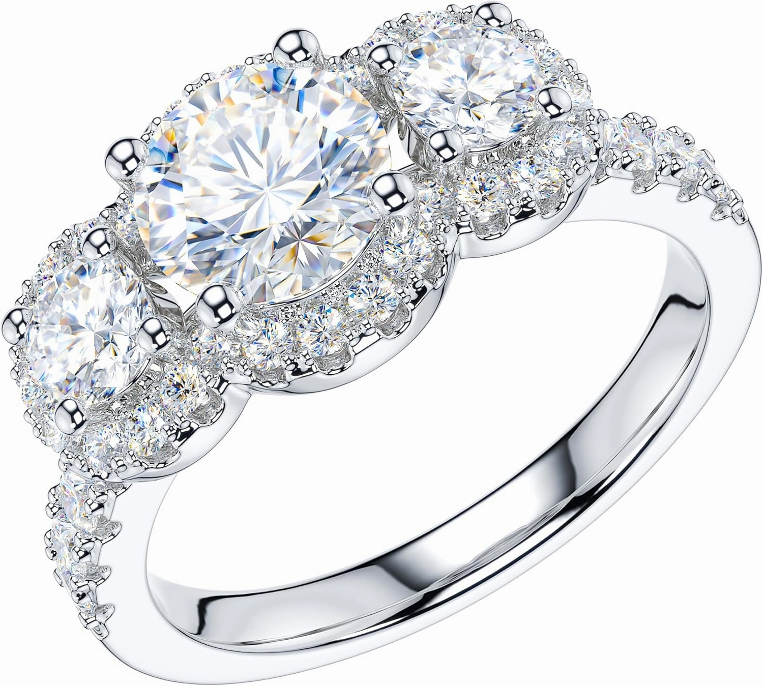 THELANDA Genuine Moissanite or Simulated Diamond Sterling Silver Three Stone Halo Promise Ring 1CT Main Stone Engagement Ring For Her