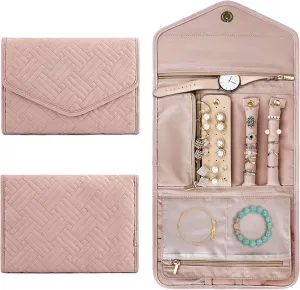 Thrive Lux Life Travel Jewelry Organizer Case, Foldable Storage Bag Roll, Portable Holder with Zipper for Rings Necklaces Earrings Watches Bracelets, Gift Women, Soft Pink