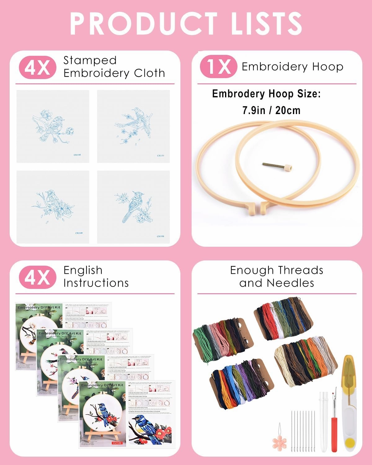 TINDTOP Embroidery Kit for Adults, Flowers and Bird Embroidery Practice Kits for Beginners Adults Include Embroidery Cloth Hoops Threads for Craft Lover Hand Stitch