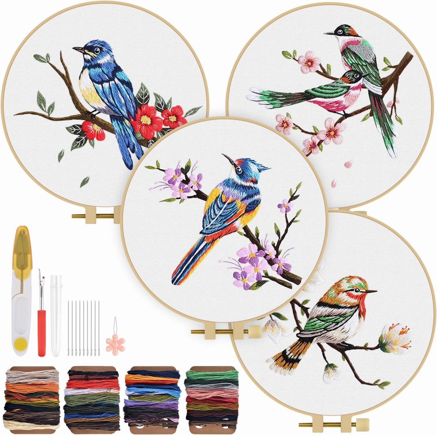 TINDTOP Embroidery Kit for Adults, Flowers and Bird Embroidery Practice Kits for Beginners Adults Include Embroidery Cloth Hoops Threads for Craft Lover Hand Stitch