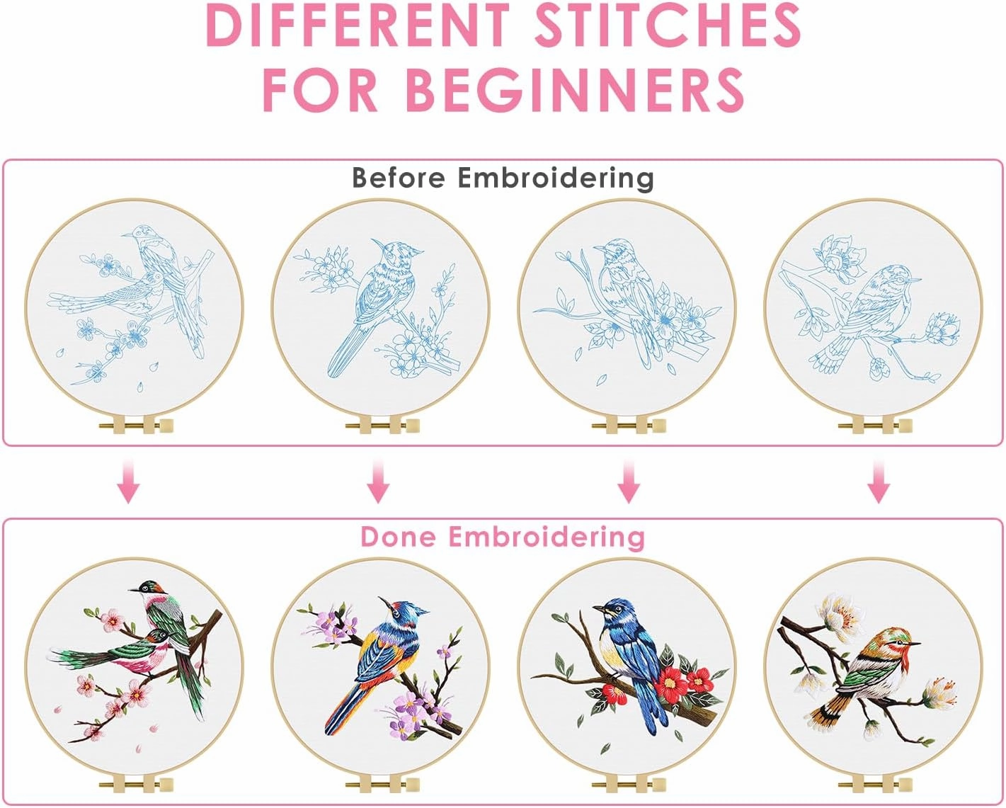 TINDTOP Embroidery Kit for Adults, Flowers and Bird Embroidery Practice Kits for Beginners Adults Include Embroidery Cloth Hoops Threads for Craft Lover Hand Stitch