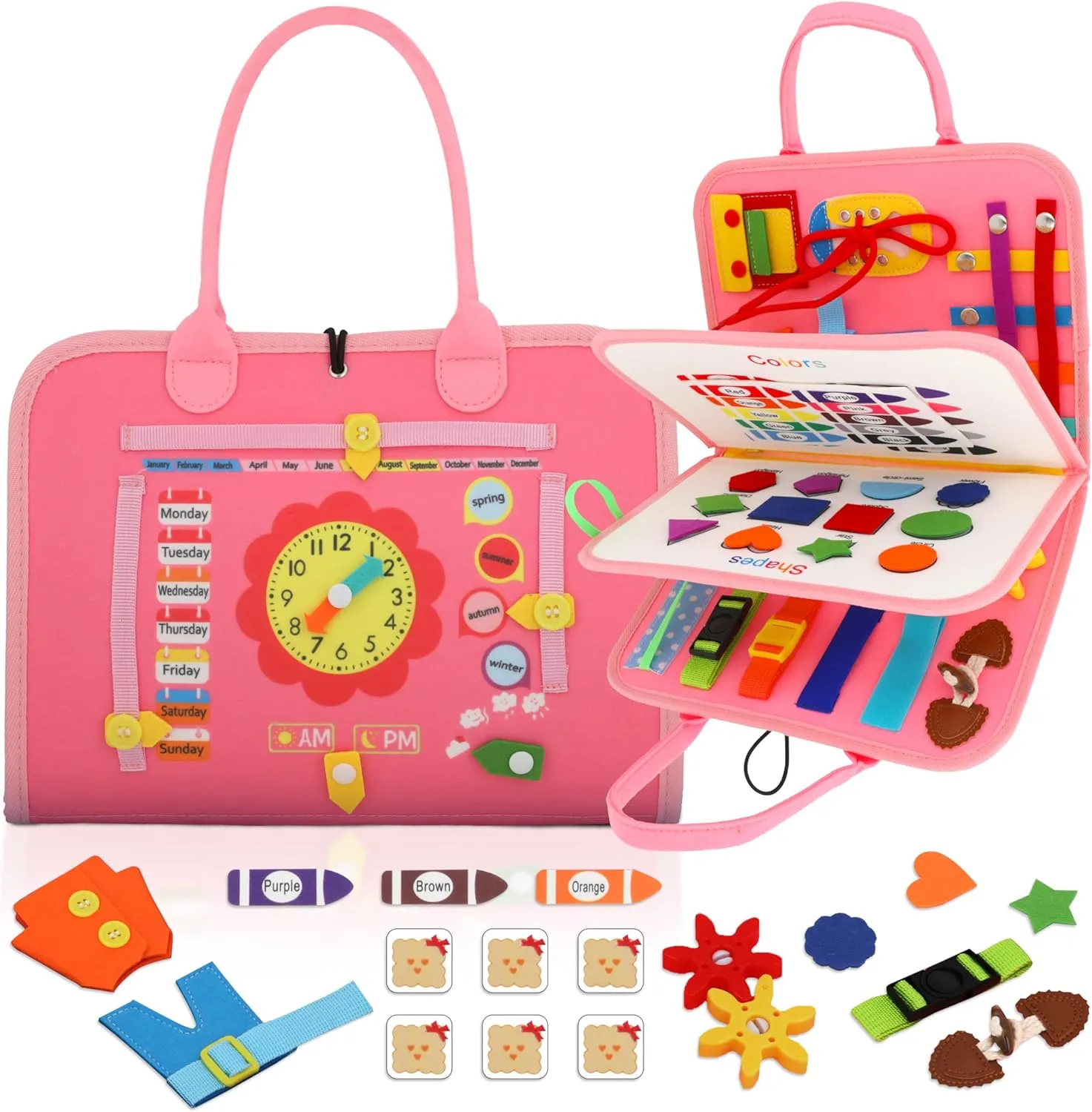 Toddler Busy Book – Interactive Sensory Book, Educational Busy Book for Toddlers 3 , Toddler Activity Book for Fine Motor Skills, Portable Baby Busy Book, Gift for Boys and Girls Aged 3  (Pink)