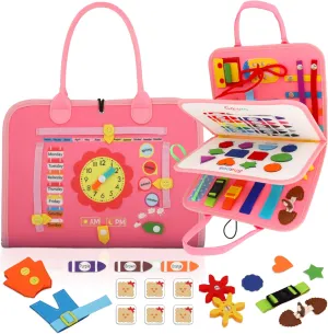 Toddler Busy Book – Interactive Sensory Book, Educational Busy Book for Toddlers 3 , Toddler Activity Book for Fine Motor Skills, Portable Baby Busy Book, Gift for Boys and Girls Aged 3  (Pink)