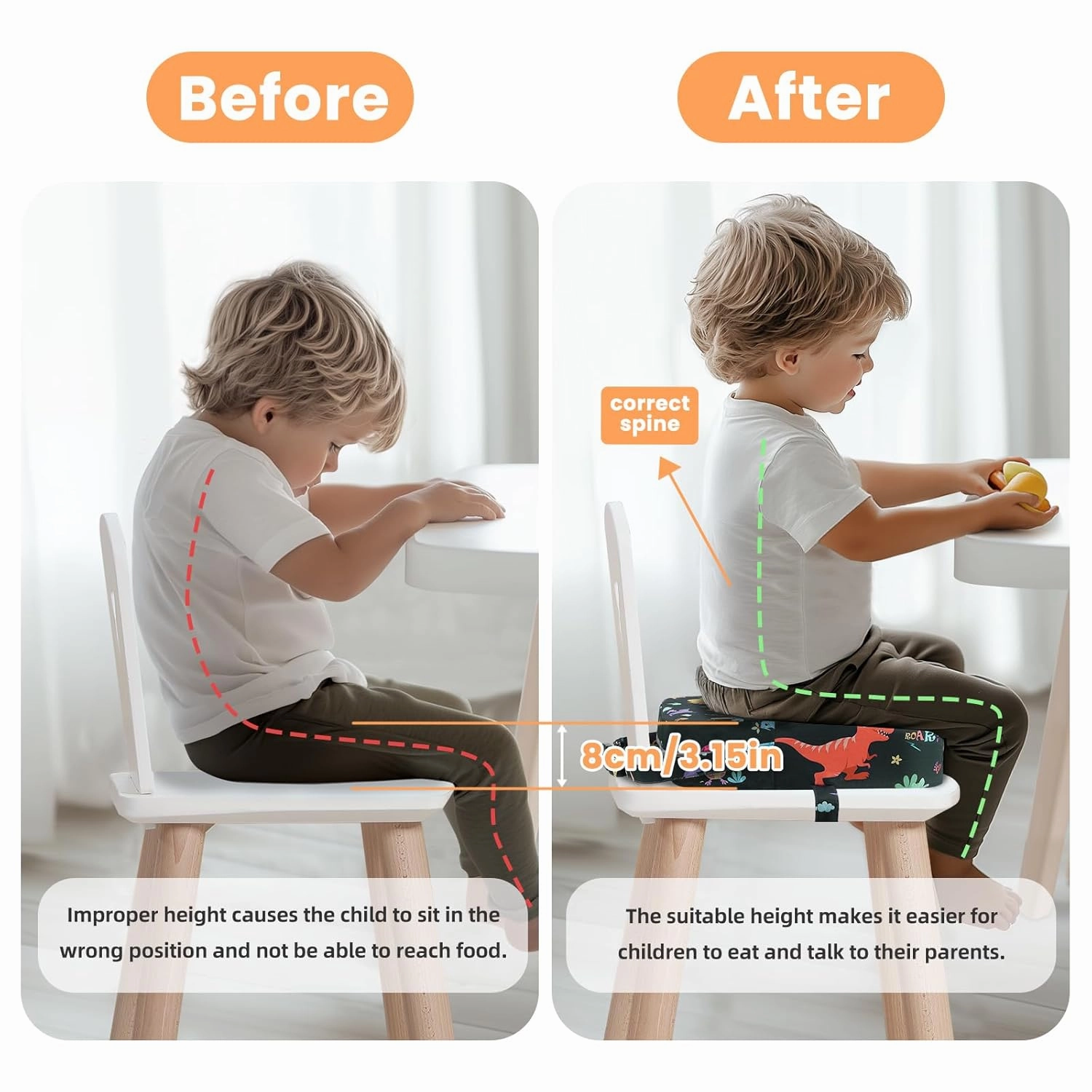 Toddler Booster Seat for Dining Table, Kids Booster Seat for Kitchen Chair with Non-Slip Bottom, Portable Detachable Washable Increasing Cushion with 2 Adjustable Straps (Dinosaur)