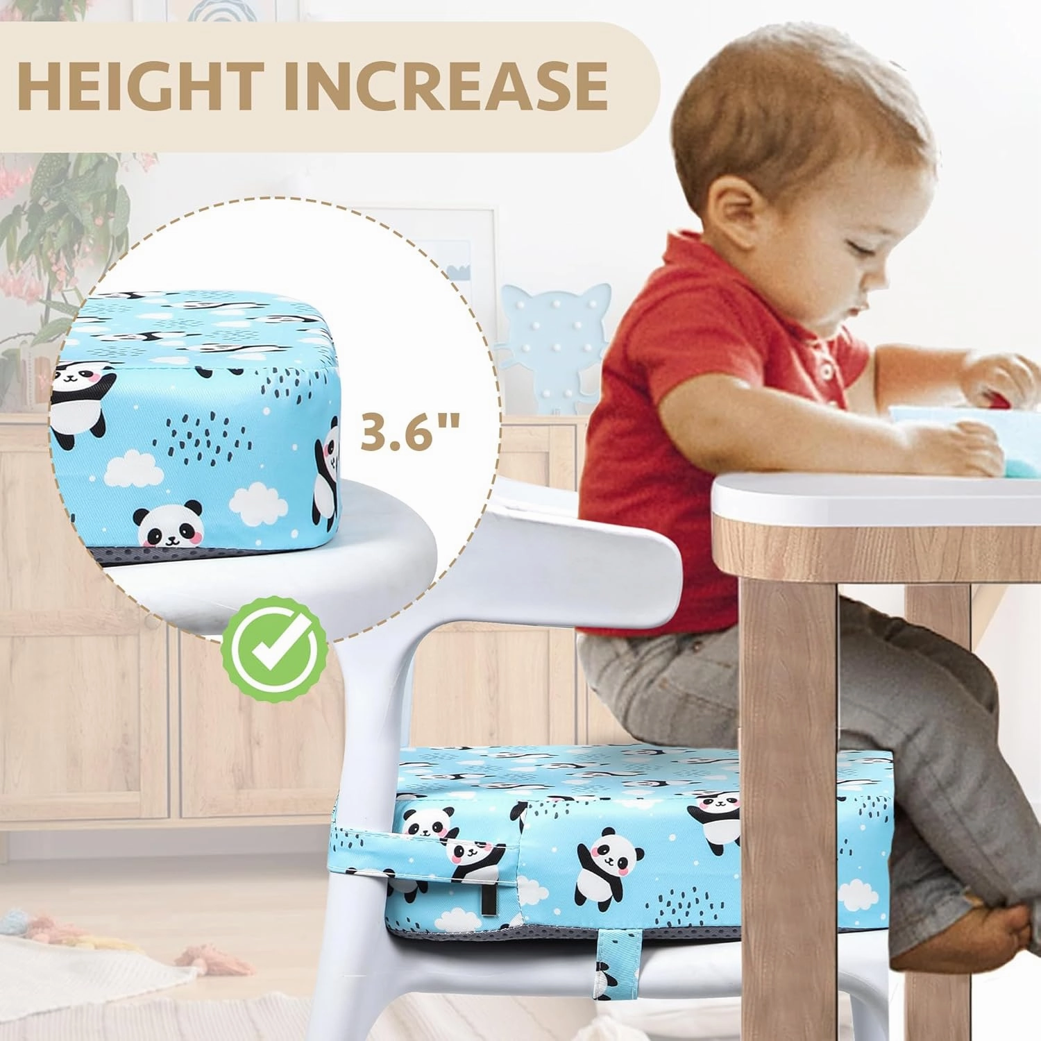 Toddler Booster Seat for Dining Table, Portable Kids Booster Seat with Safety Buckles, High Cushion for Travel with Non-Slip Bottom (Blue Panda)