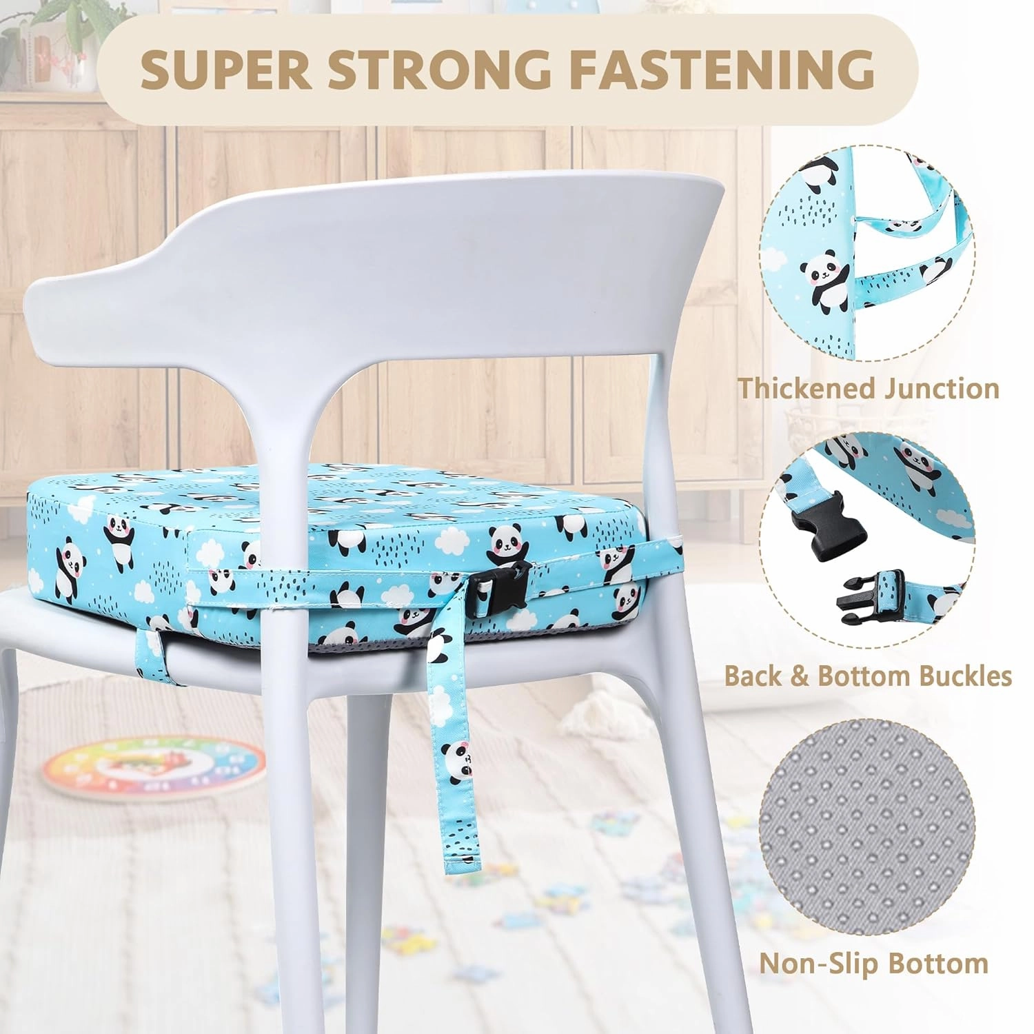 Toddler Booster Seat for Dining Table, Portable Kids Booster Seat with Safety Buckles, High Cushion for Travel with Non-Slip Bottom (Blue Panda)