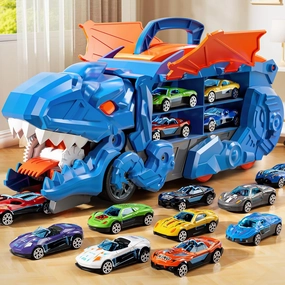 Toddler Truck Toys for Boys, Dinosaur Transporter Truck with 10 Die-Cast Car Toys, Transforms into Dino with Race Track, Toddler Car Track Set for 3 4 5 6 7 8 Years Old Kids Boys Girls