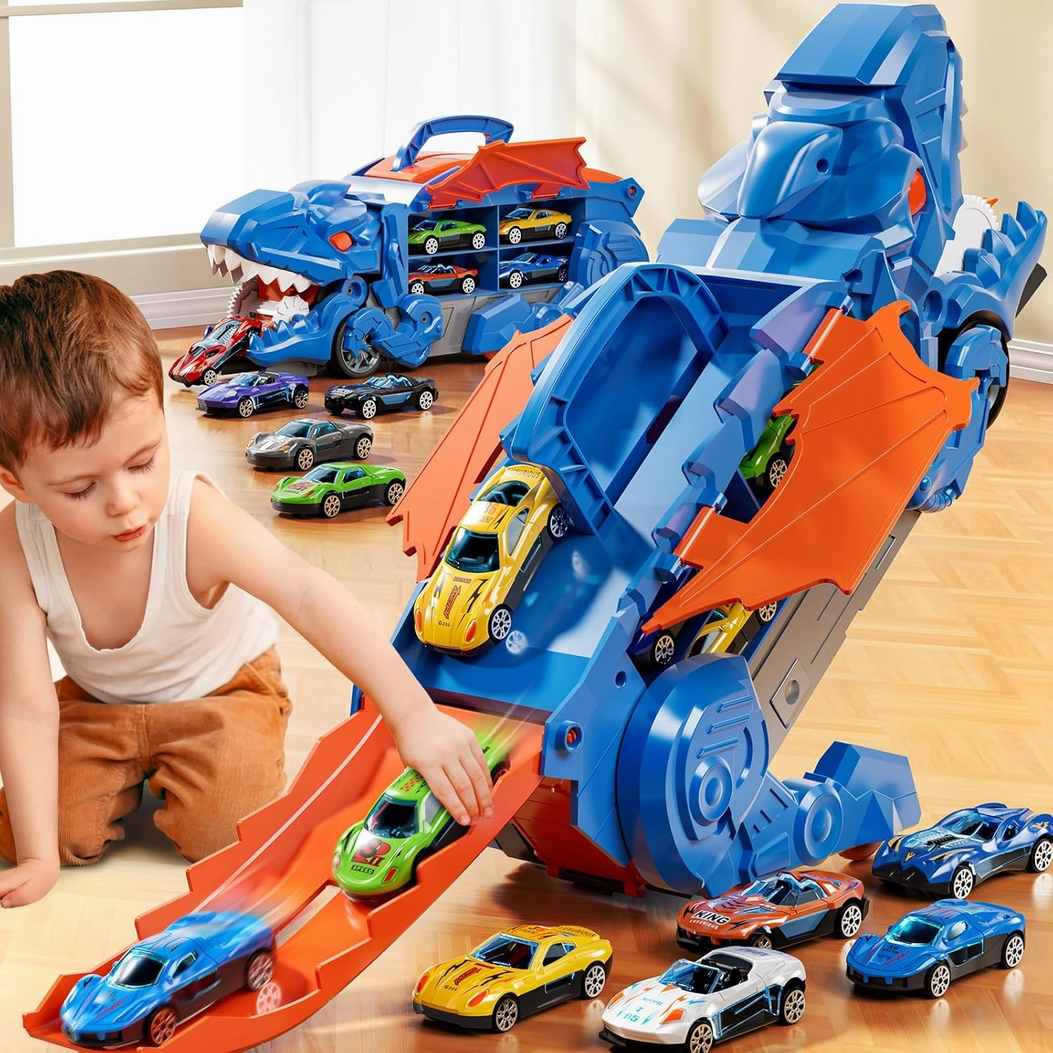 Toddler Truck Toys for Boys, Dinosaur Transporter Truck with 10 Die-Cast Car Toys, Transforms into Dino with Race Track, Toddler Car Track Set for 3 4 5 6 7 8 Years Old Kids Boys Girls