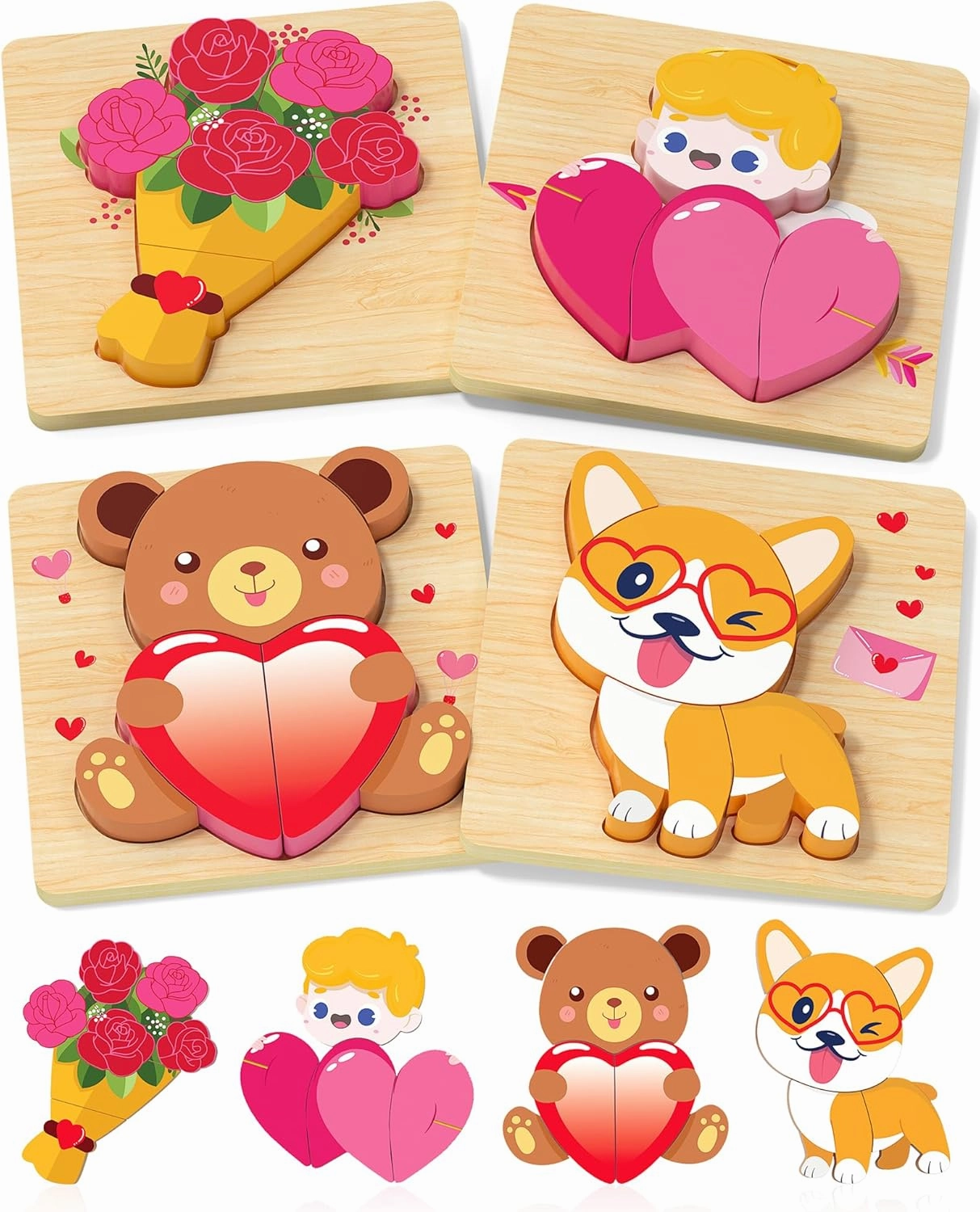 Toddler Valentines Wooden Puzzles Gifts for Kids, 4 Pack Valentines Day Toys Valentines Gifts for Kids Classroom, Valentines Day Party Favors for Toddlers Boys Girls