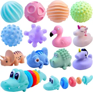 Toddlers 1-3 Bath Toys|17 Pcs Baby Kids Floating Animal Dinosaur Unicorn for Babies 6-12 Months Crocodile Soft Stacking Building Blocks Sets|Pull Push Sensory Water Toys